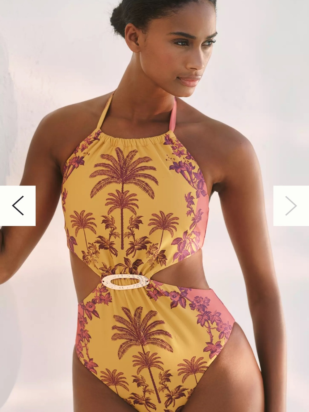Yellow & Pink Palm-Print Cutout Halter One-Piece Swimsuit